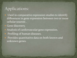  Used in comparative expression studies to identify
differences in gene expression between two or more
cellular sources .
 Gene discovery.
 Analysis of cardiovascular gene expression.
 Profiling of human diseases.
 Provides quantitative data on both known and
unknown genes.
 