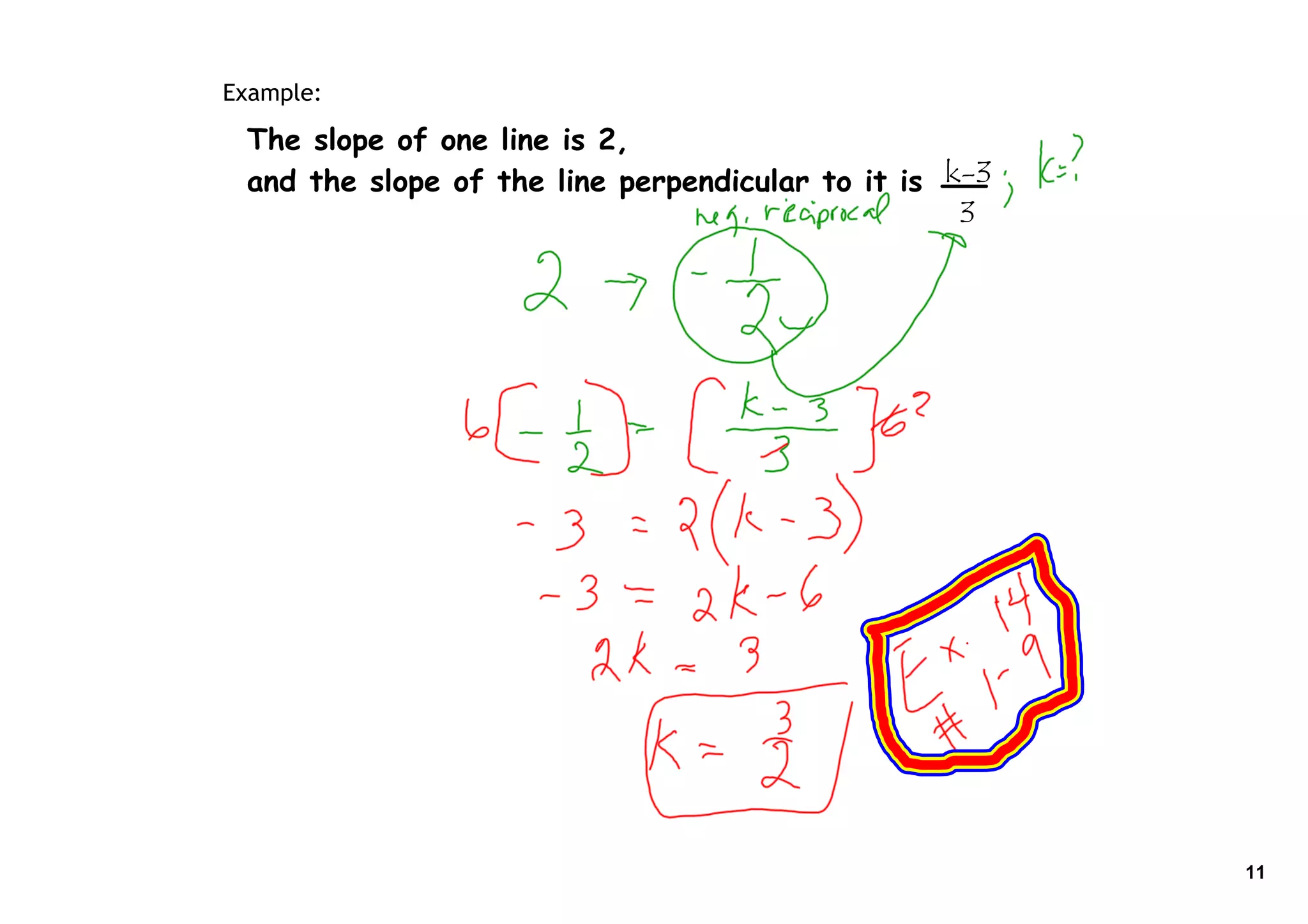 Example:

 The slope of one line is 2,
 and the slope of the line perpendicular to it is k-3
                                                   3




                                                        11
 