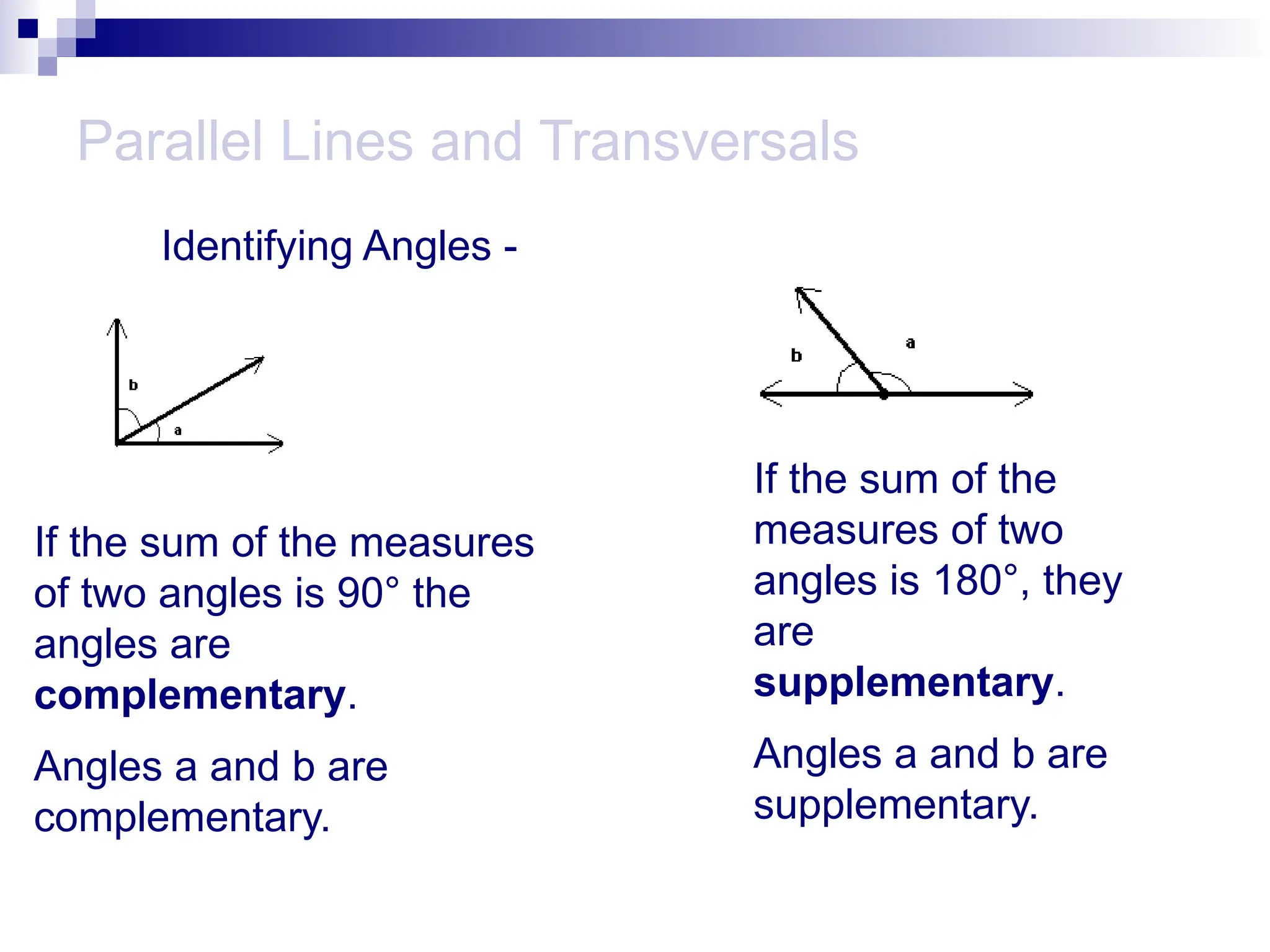 Parallel Lines and Transversals
Identifying Angles -
If the sum of the measures
of two angles is 90° the
angles are
complementary.
Angles a and b are
complementary.
If the sum of the
measures of two
angles is 180°, they
are
supplementary.
Angles a and b are
supplementary.
 