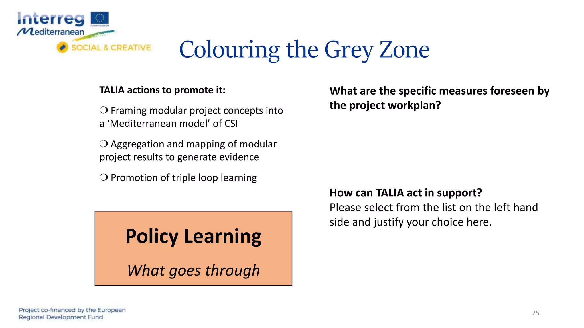 Colouring the Grey Zone
Policy Learning
What goes through
25
What are the specific measures foreseen by
the project workplan?
How can TALIA act in support?
Please select from the list on the left hand
side and justify your choice here.
TALIA actions to promote it:
❍ Framing modular project concepts into
a ‘Mediterranean model’ of CSI
❍ Aggregation and mapping of modular
project results to generate evidence
❍ Promotion of triple loop learning