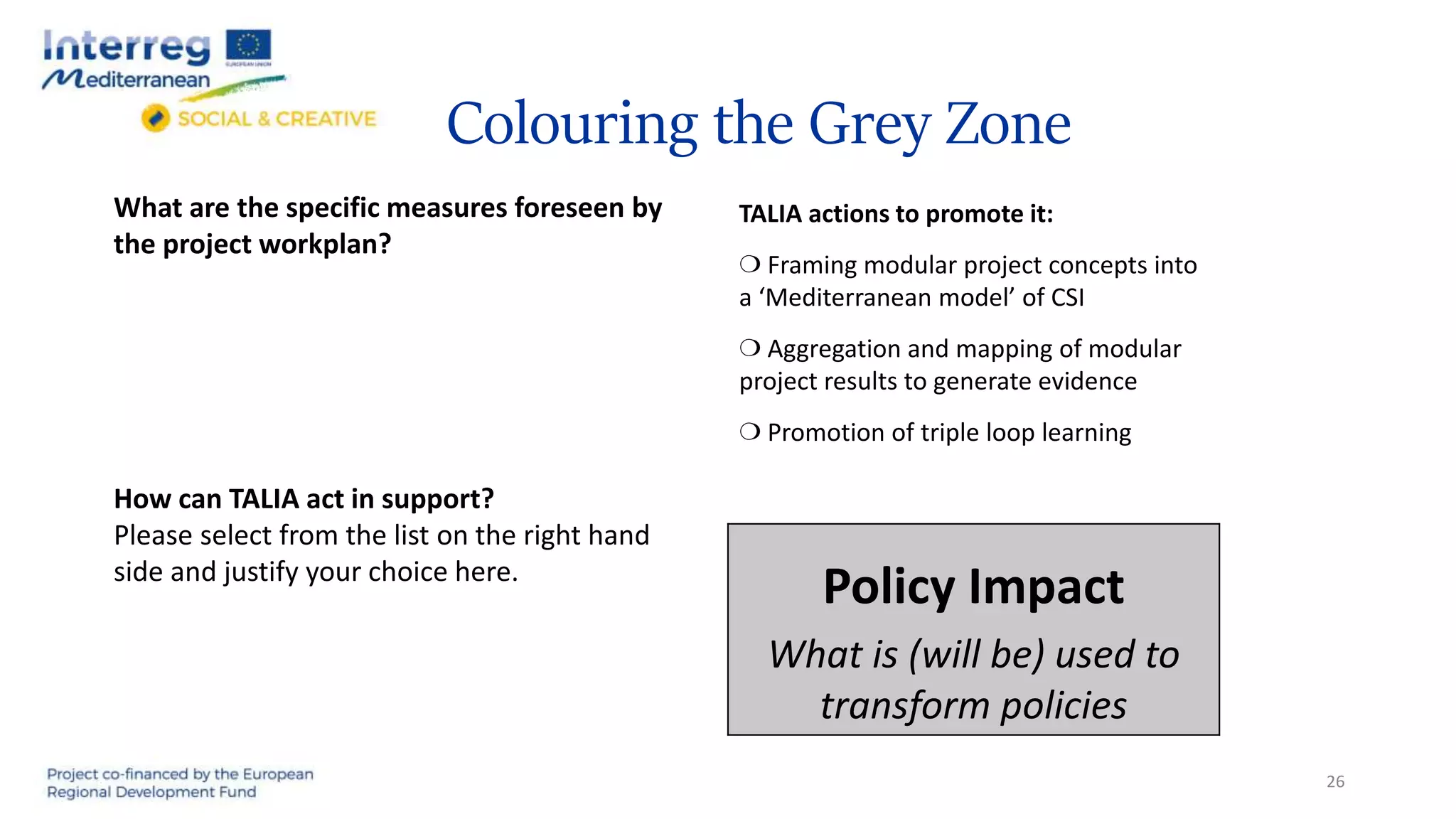 Colouring the Grey Zone
Policy Impact
What is (will be) used to
transform policies
26
What are the specific measures foreseen by
the project workplan?
How can TALIA act in support?
Please select from the list on the right hand
side and justify your choice here.
TALIA actions to promote it:
❍ Framing modular project concepts into
a ‘Mediterranean model’ of CSI
❍ Aggregation and mapping of modular
project results to generate evidence
❍ Promotion of triple loop learning