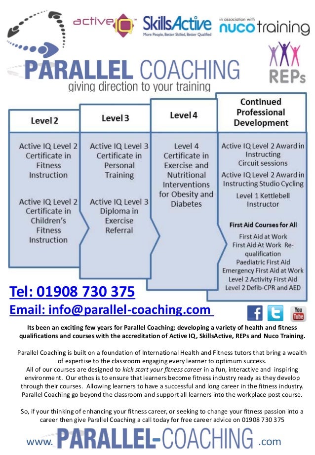 Its been an exciting few years for Parallel Coaching; developing a variety of health and fitness
qualifications and courses with the accreditation of Active IQ, SkillsActive, REPs and Nuco Training.
Parallel Coaching is built on a foundation of International Health and Fitness tutors that bring a wealth
of expertise to the classroom engaging every learner to optimum success.
All of our courses are designed to kick start your fitness career in a fun, interactive and inspiring
environment. Our ethos is to ensure that learners become fitness industry ready as they develop
through their courses. Allowing learners to have a successful and long career in the fitness industry.
Parallel Coaching go beyond the classroom and support all learners into the workplace post course.
So, if your thinking of enhancing your fitness career, or seeking to change your fitness passion into a
career then give Parallel Coaching a call today for free career advice on 01908 730 375
www. .com
Tel: 01908 730 375
Email: info@parallel-coaching.com
-
 