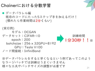 ⚫ データパラレル編
既存のコードにたった5ステップ手を加えるだけ！
(慣れたら作業時間は2分くらい)
(実行例)
モデル：DCGAN
データセット：CIFAR-10
epoch：200
batchsize：256 x 32GPU=8192
GPU：Tesla V100
ノード間接続：InfiniBand
※データパラレルをすると早くなるという例であってこのよう
なラージバッチでは訓練はうまくいきません
様々な工夫やバッチサイズの調整が必要です
Chainerにおける分散学習
21
訓練時間
1分30秒！！※
 