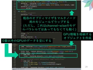 29
GPU情報を格納する
オブジェクトを作成
0番以外のGPUのデータを空にする
既存のオプティマイザをマルチノード
用のモジュールでラップする
(ただし、これはchannel-wiseのモデ
ルパラレルではあってもなくても動く)
 