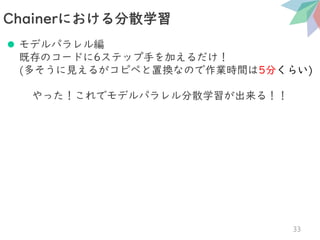 ⚫ モデルパラレル編
既存のコードに6ステップ手を加えるだけ！
(多そうに見えるがコピペと置換なので作業時間は5分くらい)
やった！これでモデルパラレル分散学習が出来る！！
Chainerにおける分散学習
33
 