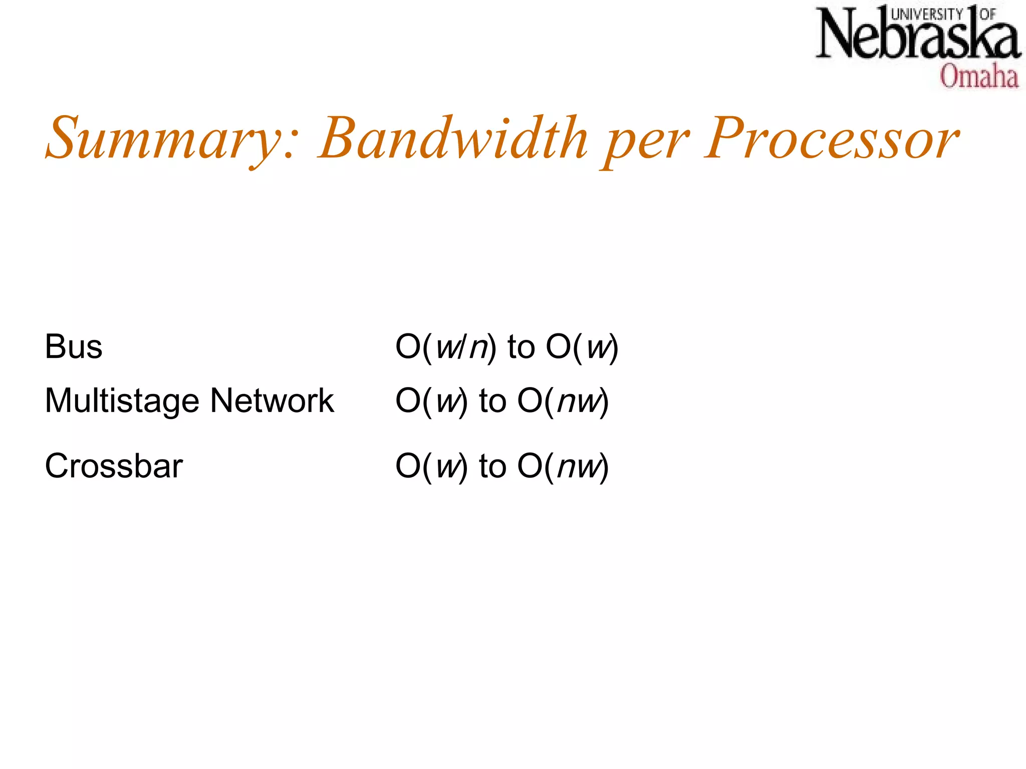 Summary: Bandwidth per Processor


Bus                  O(w/n) to O(w)
Multistage Network   O(w) to O(nw)
Crossbar             O(w) to O(nw)
 
