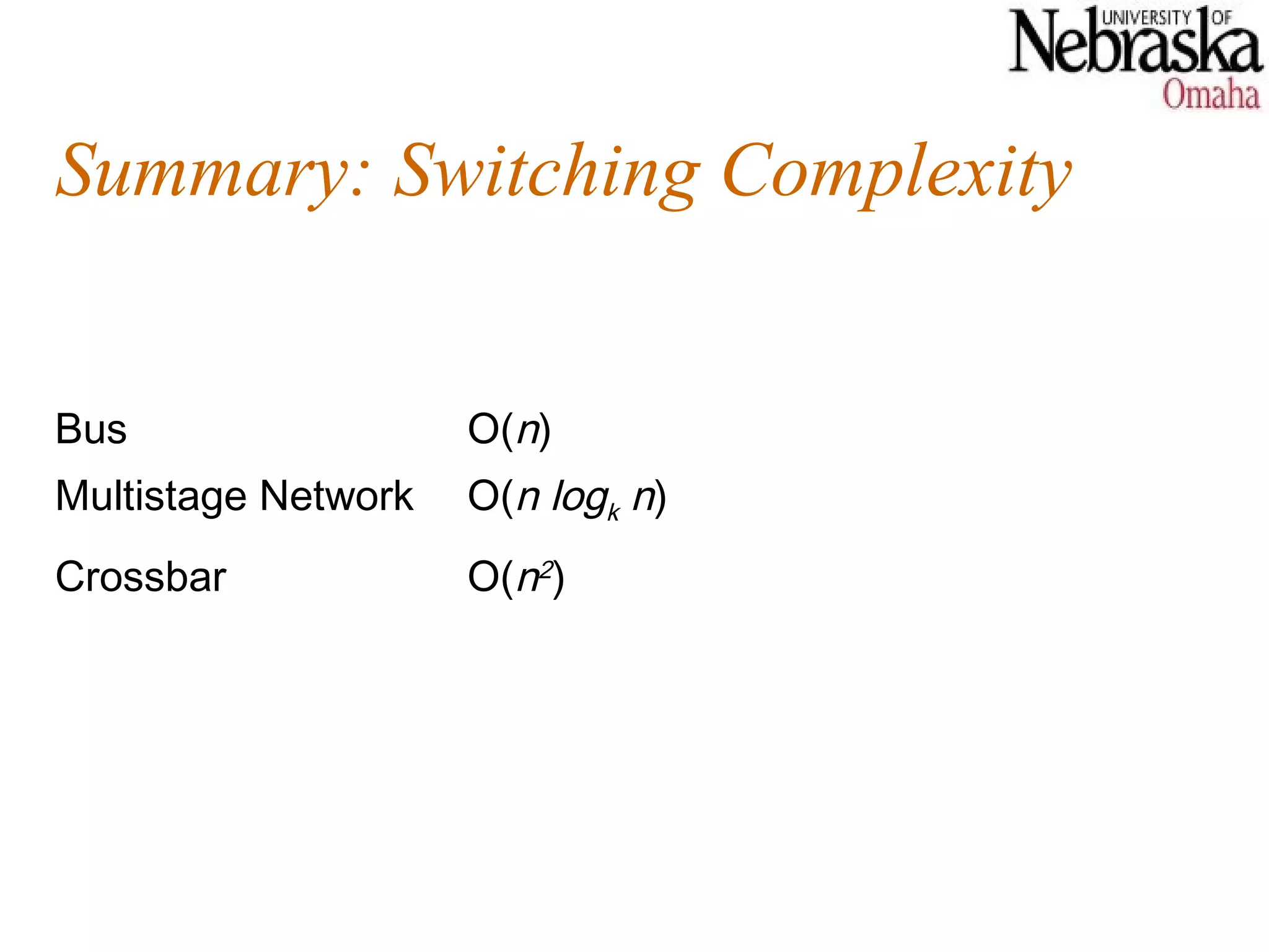 Summary: Switching Complexity


Bus                  O(n)
Multistage Network   O(n logk n)
Crossbar             O(n2)
 