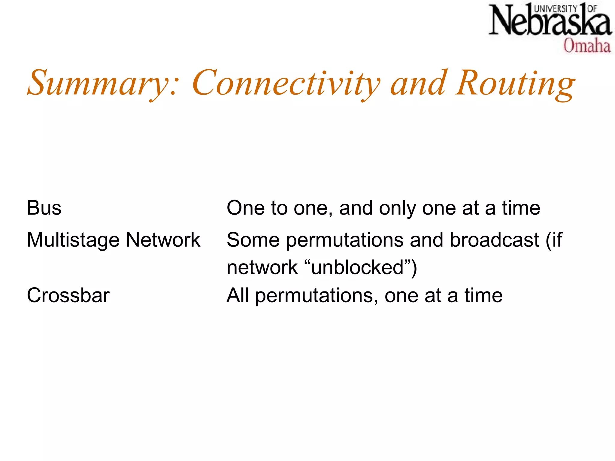Summary: Connectivity and Routing


Bus                  One to one, and only one at a time
Multistage Network   Some permutations and broadcast (if
                     network “unblocked”)
Crossbar             All permutations, one at a time
 