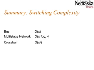 Summary: Switching Complexity


Bus                  O(n)
Multistage Network   O(n logk n)
Crossbar             O(n2)
 