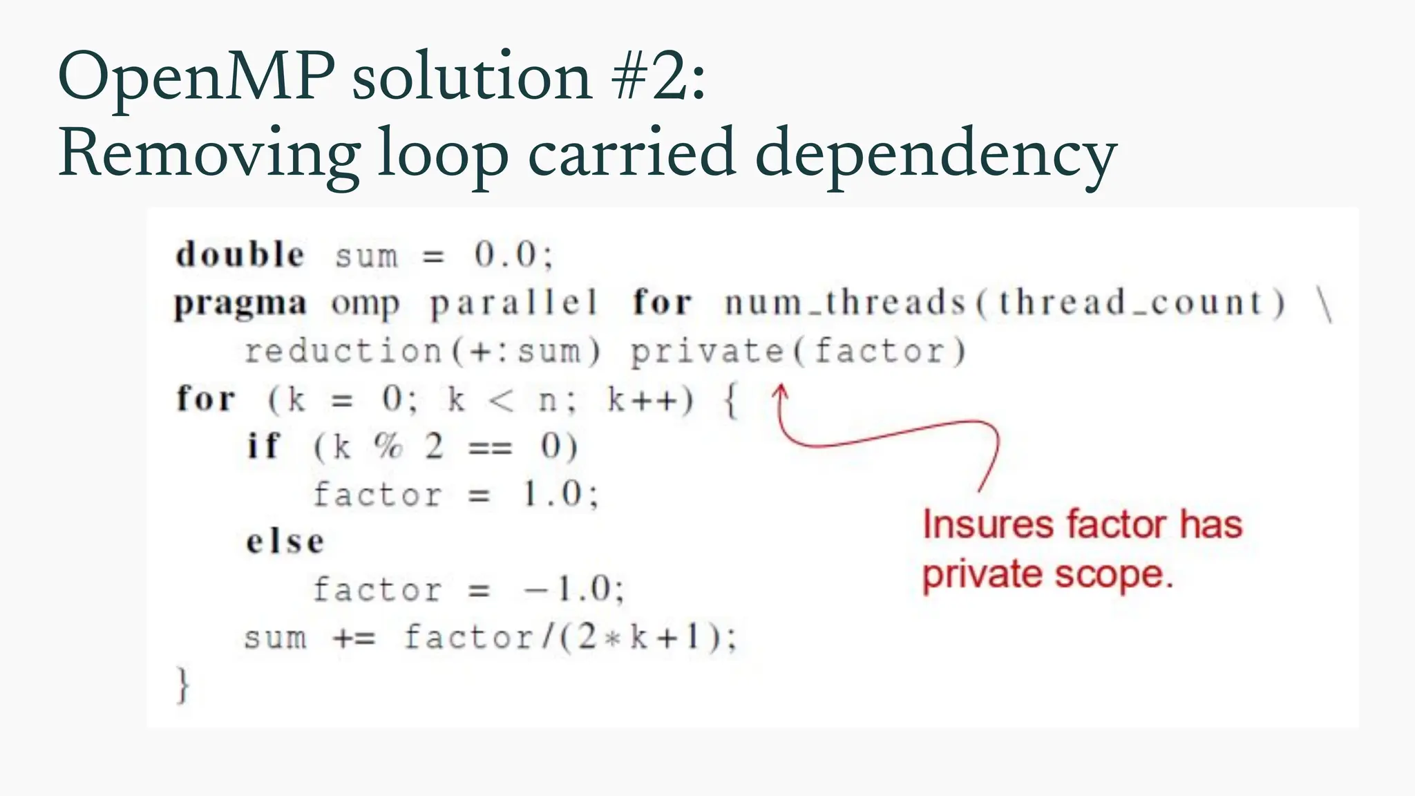 OpenMP solution #2:
Removing loop carried dependency
 