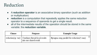 Reduction
● A reduction operator is an associative binary operation (such as addition
or multiplication)
● reduction is a computation that repeatedly applies the same reduction
operator to a sequence of operands to get a single result.
● all of the intermediate results of the operation should be stored in the same
variable: the reduction variable.
 