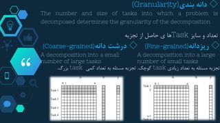 “
◇‫دانه‬‫بندی‬(Granularity)
The number and size of tasks into which a problem is
decomposed determines the granularity of the decomposition
‫تعداد‬‫و‬‫سایز‬Task‫تجزیه‬ ‫از‬ ‫حاصل‬ ‫ی‬ ‫ها‬
◇‫دانه‬ ‫درشت‬(Coarse-grained)
A decomposition into a small
number of large tasks
‫کمی‬ ‫تعداد‬ ‫به‬ ‫مسئله‬ ‫تجزیه‬task‫بزرگ‬.
◇‫ریزدانه‬(Fine-grained)
A decomposition into a large
number of small tasks
‫تجزیه‬‫زیادی‬ ‫تعداد‬ ‫به‬ ‫مسئله‬task‫کوچک‬.
 