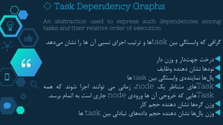 “
◇ Task Dependency Graphs
An abstraction used to express such dependencies among
tasks and their relative order of execution
‫گرافی‬‫که‬‫وابستگی‬‫بین‬task‫ها‬‫و‬‫ترتیب‬‫اجرای‬‫نسبی‬‫آن‬‫ها‬‫را‬‫نشان‬‫دهد‬‫می‬.
‫درخت‬‫دار‬‫جهت‬‫و‬‫وزن‬‫دار‬
‫نودها‬‫نشان‬‫دهنده‬‫وظایف‬
‫ها‬‫یال‬‫ی‬‫نماینده‬‫وابستگی‬‫بین‬task‫ها‬
Task‫های‬‫متناظر‬‫یک‬node،‫زمانی‬‫می‬‫توانند‬‫اجرا‬‫شوند‬‫که‬‫همه‬
Task‫هایی‬‫که‬‫خروجی‬‫آن‬‫ها‬‫ورودی‬node‫جاری‬‫است‬‫به‬‫اتمام‬‫برسد‬.
‫وزن‬‫ها‬‫گره‬‫نشان‬‫دهنده‬‫حجم‬‫کار‬
‫وزن‬‫ها‬‫یال‬‫نشان‬‫دهنده‬‫حجم‬‫های‬‫داده‬‫تبادلی‬‫بین‬task‫ها‬
 