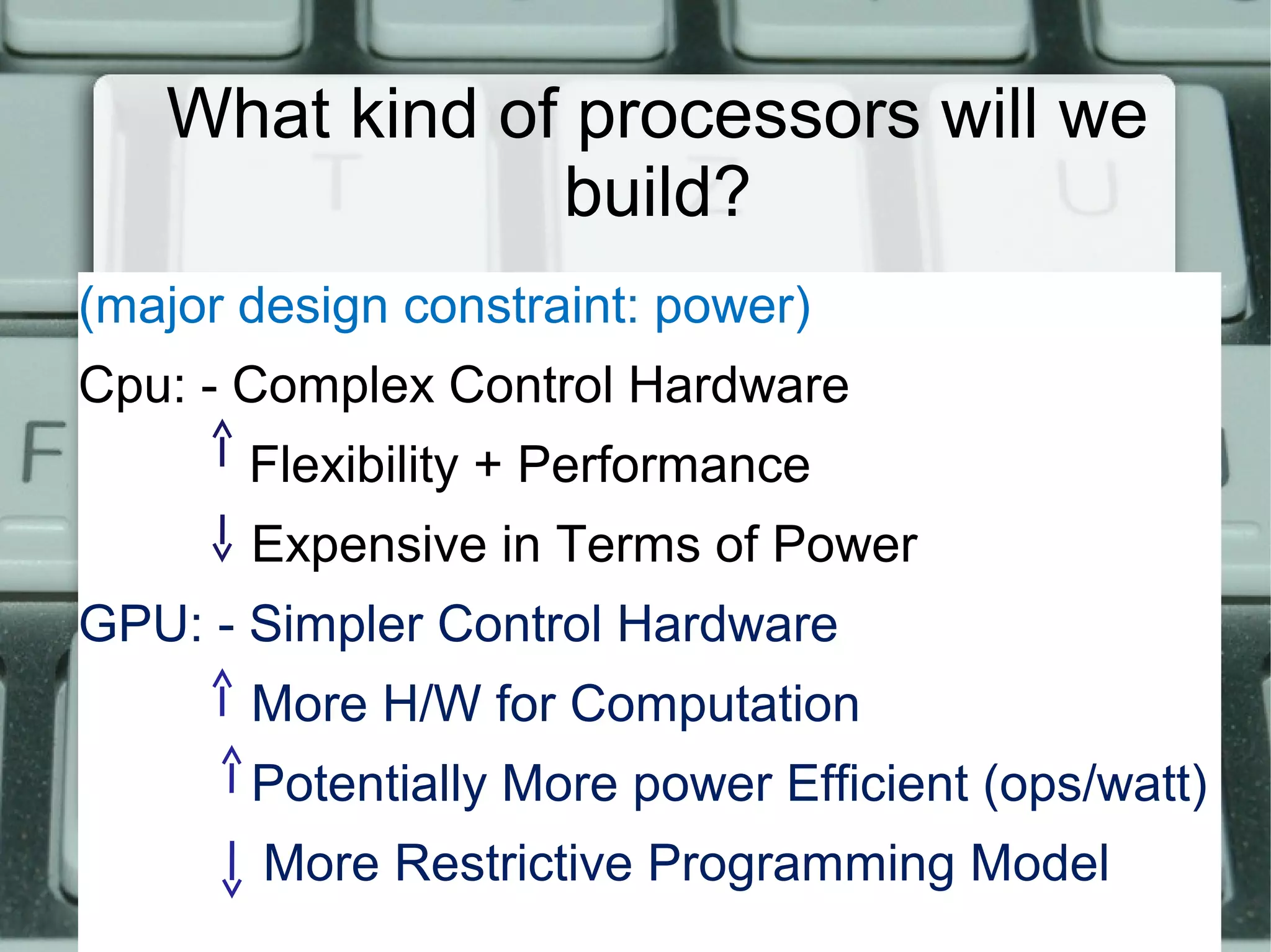 What kind of processors will we
build?
(major design constraint: power)
Cpu: - Complex Control Hardware
Flexibility + Performance
Expensive in Terms of Power
GPU: - Simpler Control Hardware
More H/W for Computation
Potentially More power Efficient (ops/watt)
More Restrictive Programming Model
 