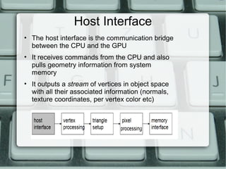 Host Interface
• The host interface is the communication bridge
between the CPU and the GPU
• It receives commands from the CPU and also
pulls geometry information from system
memory
• It outputs a stream of vertices in object space
with all their associated information (normals,
texture coordinates, per vertex color etc)
 