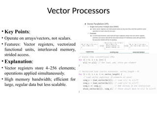 Vector Processors
• Key Points:
• Operate on arrays/vectors, not scalars.
• Features: Vector registers, vectorized
functional units, interleaved memory,
strided access.
• Explanation:
• Vector registers store 4–256 elements;
operations applied simultaneously.
• High memory bandwidth; efficient for
large, regular data but less scalable.
 