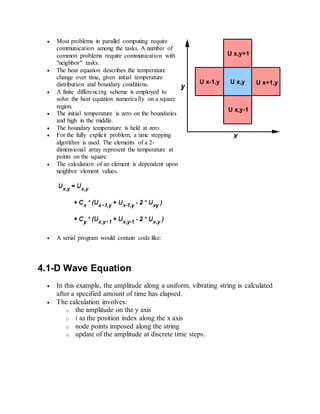 Most problems in parallel computing require
communication among the tasks. A number of
common problems require communication with
"neighbor" tasks.
 The heat equation describes the temperature
change over time, given initial temperature
distribution and boundary conditions.
 A finite differencing scheme is employed to
solve the heat equation numerically on a square
region.
 The initial temperature is zero on the boundaries
and high in the middle.
 The boundary temperature is held at zero.
 For the fully explicit problem, a time stepping
algorithm is used. The elements of a 2-
dimensional array represent the temperature at
points on the square.
 The calculation of an element is dependent upon
neighbor element values.
 A serial program would contain code like:
4.1-D Wave Equation
 In this example, the amplitude along a uniform, vibrating string is calculated
after a specified amount of time has elapsed.
 The calculation involves:
o the amplitude on the y axis
o i as the position index along the x axis
o node points imposed along the string
o update of the amplitude at discrete time steps.
 