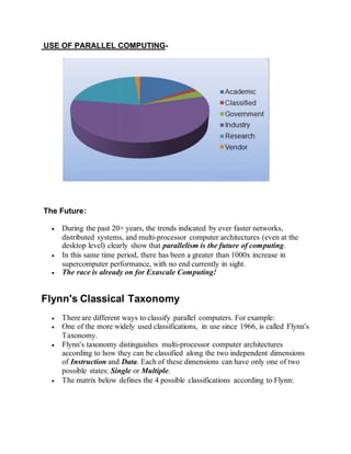 USE OF PARALLEL COMPUTING-
The Future:
 During the past 20+ years, the trends indicated by ever faster networks,
distributed systems, and multi-processor computer architectures (even at the
desktop level) clearly show that parallelism is the future of computing.
 In this same time period, there has been a greater than 1000x increase in
supercomputer performance, with no end currently in sight.
 The race is already on for Exascale Computing!
Flynn's Classical Taxonomy
 There are different ways to classify parallel computers. For example:
 One of the more widely used classifications, in use since 1966, is called Flynn's
Taxonomy.
 Flynn's taxonomy distinguishes multi-processor computer architectures
according to how they can be classified along the two independent dimensions
of Instruction and Data. Each of these dimensions can have only one of two
possible states: Single or Multiple.
 The matrix below defines the 4 possible classifications according to Flynn:
 