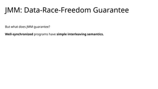 JMM: Data-Race-Freedom Guarantee
But what does JMM guarantee?
Well-synchronized programs have simple interleaving semantics.
 