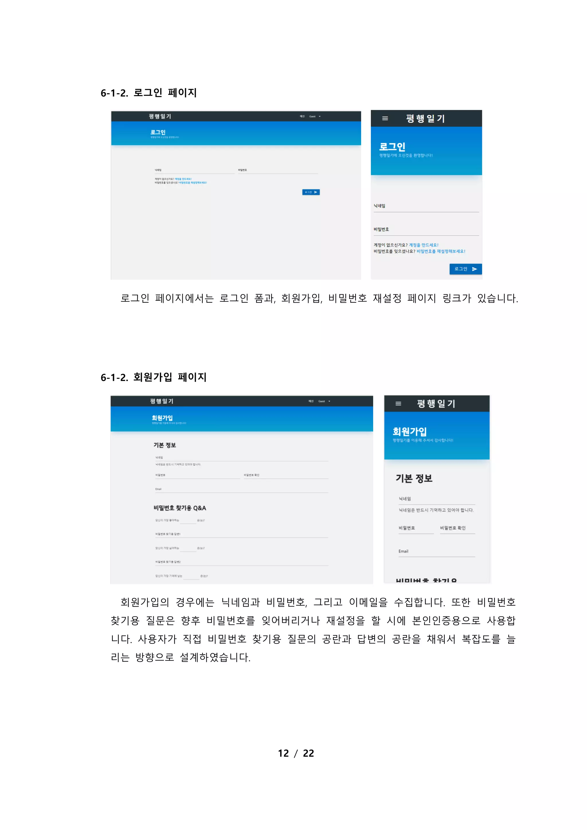 12 / 22
6-1-2. 로그인 페이지
로그인 페이지에서는 로그인 폼과, 회원가입, 비밀번호 재설정 페이지 링크가 있습니다.
6-1-2. 회원가입 페이지
회원가입의 경우에는 닉네임과 비밀번호, 그리고 이메일을 수집합니다. 또한 비밀번호
찾기용 질문은 향후 비밀번호를 잊어버리거나 재설정을 할 시에 본인인증용으로 사용합
니다. 사용자가 직접 비밀번호 찾기용 질문의 공란과 답변의 공란을 채워서 복잡도를 늘
리는 방향으로 설계하였습니다.
 