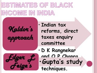 • Indian tax
reforms, direct
taxes enquiry
committee
• D K Rangnekar
and O P Chopra
used same
techniques.
Kaldor’s
approach
•Gupta’s study
Edger L.
Feige’s
 
