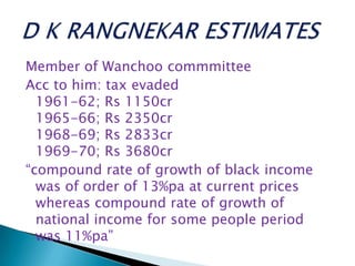 Member of Wanchoo commmittee
Acc to him: tax evaded
1961-62; Rs 1150cr
1965-66; Rs 2350cr
1968-69; Rs 2833cr
1969-70; Rs 3680cr
“compound rate of growth of black income
was of order of 13%pa at current prices
whereas compound rate of growth of
national income for some people period
was 11%pa”
 