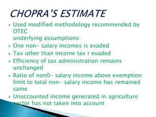  Used modified methodology recommended by
DTEC
underlying assumptions:
 One non- salary incomes is evaded
 Tax other than income tax r evaded
 Efficiency of tax administration remains
unchanged
 Ratio of non0- salary income above exemption
limit to total non- salary income has remained
same
 Unaccounted income generated in agriculture
sector has not taken into account
 