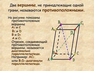 Две  вершины , не принадлежащие одной грани, называются  противоположными. На рисунке показаны   противоположные вершины   А 1  и  С  В 1  и  D   В  и  D 1  А  и  С 1.  Отрезок, соединяющий противоположные вершины, называется  диагональю параллелепипеда.  Например:  АС 1  или  В 1 D -диагонали параллелепипеда. А C D 1 С 1 В 1 А 1 B D 