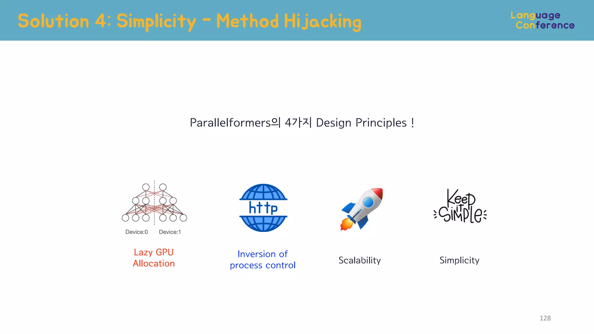 Solution 4: Simplicity - Method Hijacking
128
넉넉!
Lazy GPU
Allocation Scalability Simplicity
Inversion of
process control
Parallelformers의 4가지 Design Principles !
 