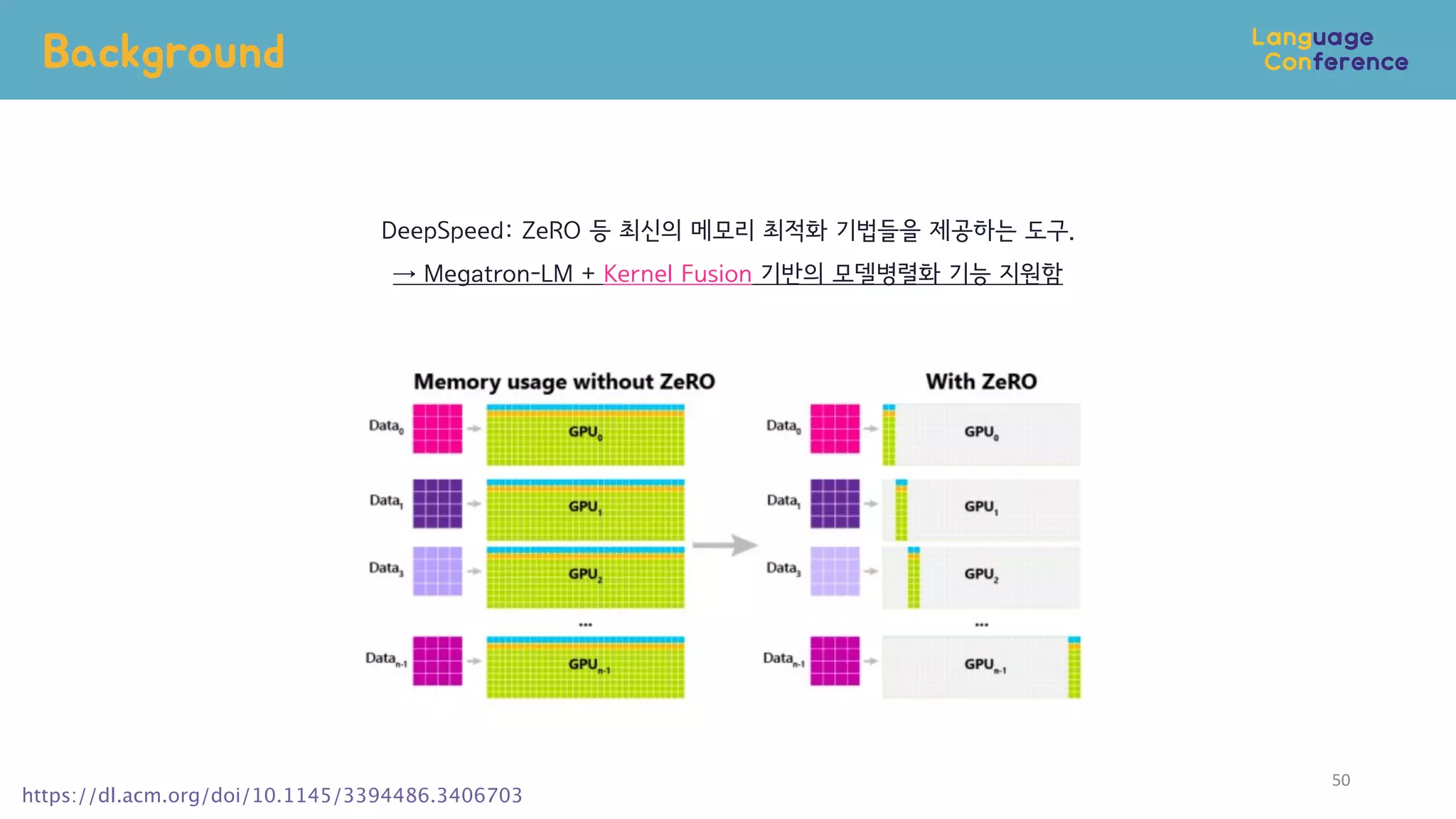 Background
50
https://dl.acm.org/doi/10.1145/3394486.3406703
DeepSpeed: ZeRO 등 최신의 메모리 최적화 기법들을 제공하는 도구.
→ Megatron-LM + Kernel Fusion 기반의 모델병렬화 기능 지원함
 