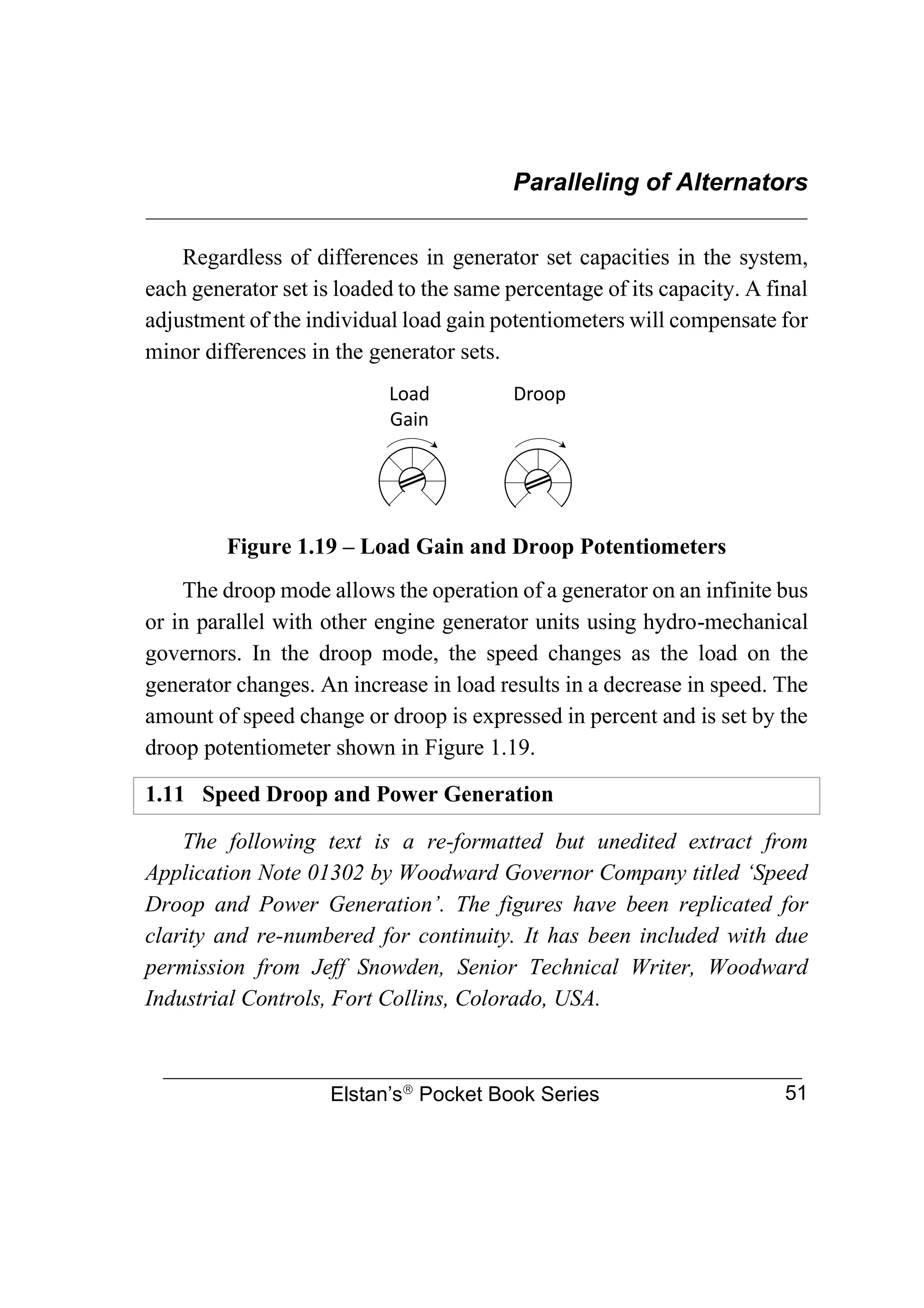 Paralleling of Alternators
________________________________________________________________
Elstan’s
Pocket Book Series 51
Regardless of differences in generator set capacities in the system,
each generator set is loaded to the same percentage of its capacity. A final
adjustment of the individual load gain potentiometers will compensate for
minor differences in the generator sets.
Figure 1.19 – Load Gain and Droop Potentiometers
The droop mode allows the operation of a generator on an infinite bus
or in parallel with other engine generator units using hydro-mechanical
governors. In the droop mode, the speed changes as the load on the
generator changes. An increase in load results in a decrease in speed. The
amount of speed change or droop is expressed in percent and is set by the
droop potentiometer shown in Figure 1.19.
1.11 Speed Droop and Power Generation
The following text is a re-formatted but unedited extract from
Application Note 01302 by Woodward Governor Company titled ‘Speed
Droop and Power Generation’. The figures have been replicated for
clarity and re-numbered for continuity. It has been included with due
permission from Jeff Snowden, Senior Technical Writer, Woodward
Industrial Controls, Fort Collins, Colorado, USA.
Load
Gain
Droop
 