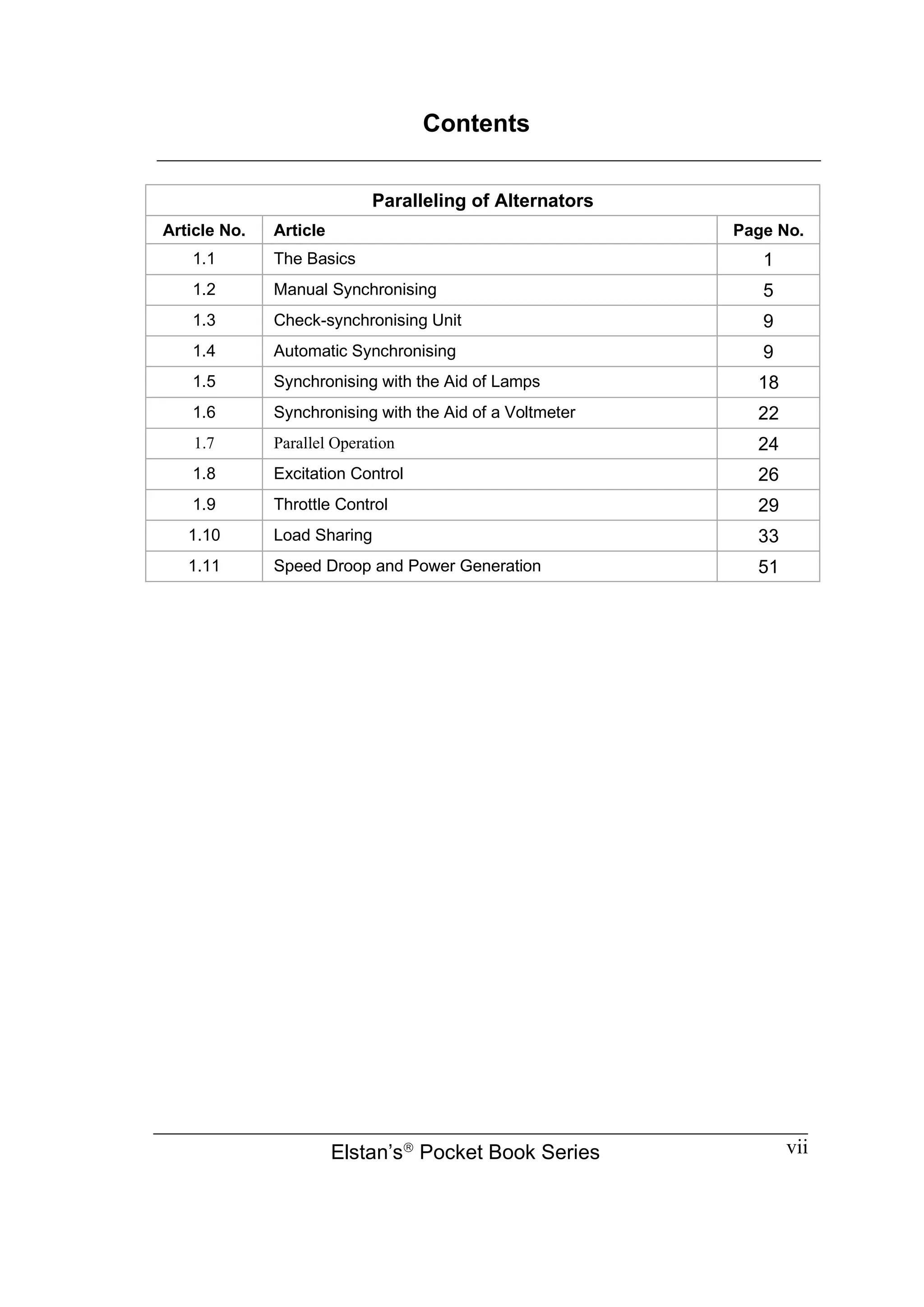 Contents
Elstan’s
Pocket Book Series vii
Paralleling of Alternators
Article No. Article Page No.
1.1 The Basics 1
1.2 Manual Synchronising 5
1.3 Check-synchronising Unit 9
1.4 Automatic Synchronising 9
1.5 Synchronising with the Aid of Lamps 18
1.6 Synchronising with the Aid of a Voltmeter 22
1.7 Parallel Operation 24
1.8 Excitation Control 26
1.9 Throttle Control 29
1.10 Load Sharing 33
1.11 Speed Droop and Power Generation 51
 