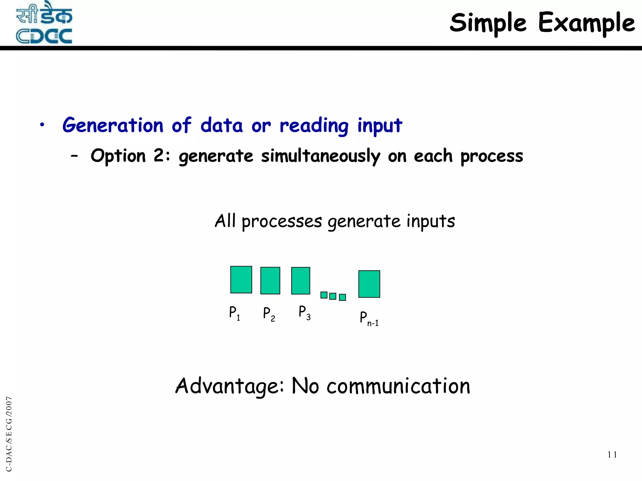 Simple Example Generation of data or reading input Option 2: generate simultaneously on each process All processes generate inputs Advantage: No communication P 1 P 2 P 3 P n-1 
