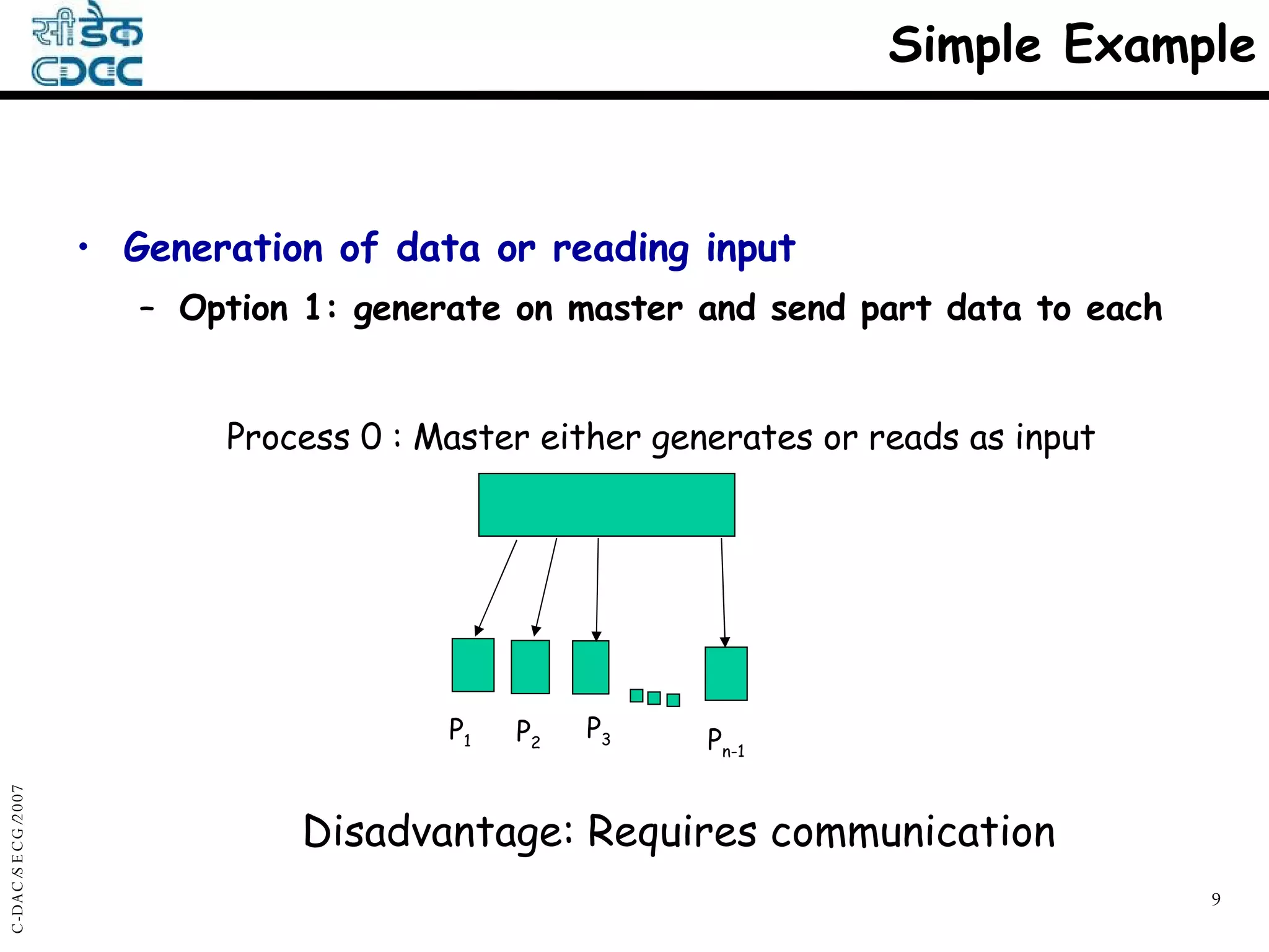 Simple Example Generation of data or reading input Option 1: generate on master and send part data to each Process 0 : Master either generates or reads as input Disadvantage: Requires communication P 1 P 2 P 3 P n-1 