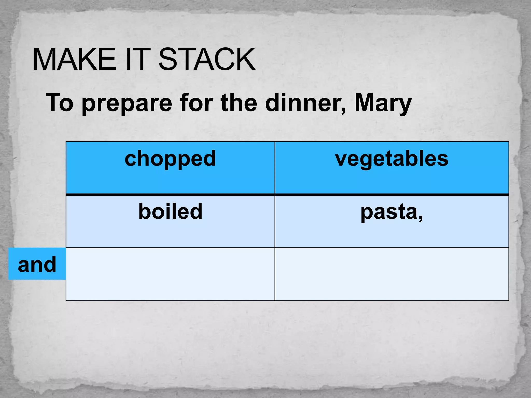 To prepare for the dinner, Mary

        chopped           vegetables

         boiled             pasta,

and
 