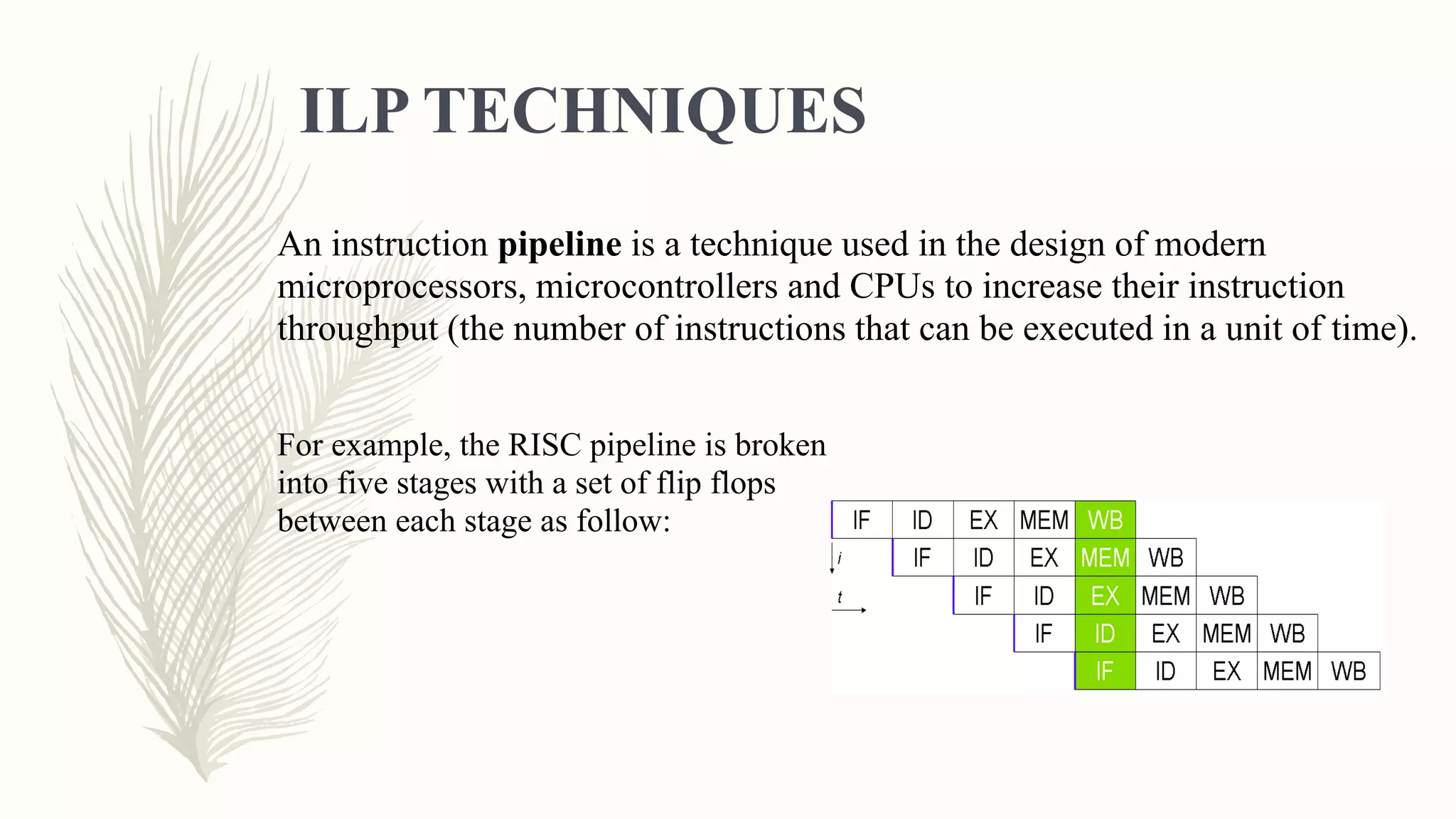 ILP TECHNIQUES
An instruction pipeline is a technique used in the design of modern
microprocessors, microcontrollers and CPUs to increase their instruction
throughput (the number of instructions that can be executed in a unit of time).
For example, the RISC pipeline is broken
into five stages with a set of flip flops
between each stage as follow:
 