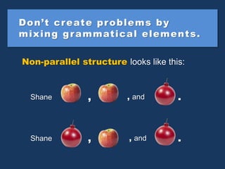 Non-parallel structure looks like this:
Don’t create problems by
mixing grammatical elements.
Shane , , and
Shane , , and
...