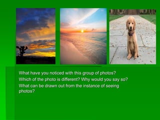 What have you noticed with this group of photos?
Which of the photo is different? Why would you say so?
What can be drawn out from the instance of seeing
photos?
 