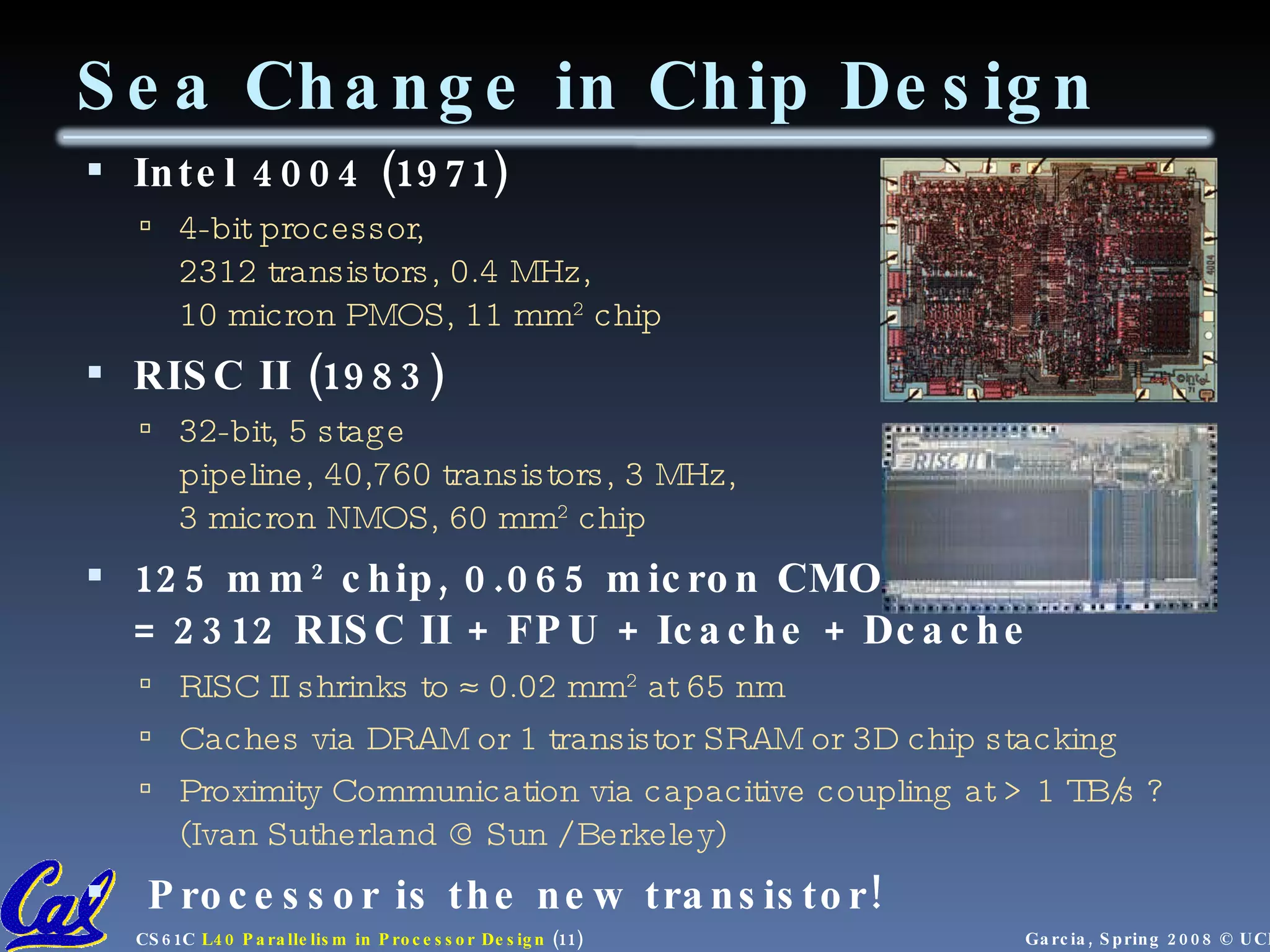 Sea Change in Chip Design Intel 4004 (1971) 4-bit processor, 2312 transistors, 0.4 MHz, 10 micron PMOS, 11 mm 2 chip RISC II (1983) 32-bit, 5 stage pipeline, 40,760 transistors, 3 MHz, 3 micron NMOS, 60 mm 2 chip 125 mm 2 chip, 0.065 micron CMOS = 2312 RISC II + FPU + Icache + Dcache RISC II shrinks to  0.02 mm 2 at 65 nm Caches via DRAM or 1 transistor SRAM or 3D chip stacking Proximity Communication via capacitive coupling at > 1 TB/s ? (Ivan Sutherland @ Sun / Berkeley) Processor is the new transistor! 