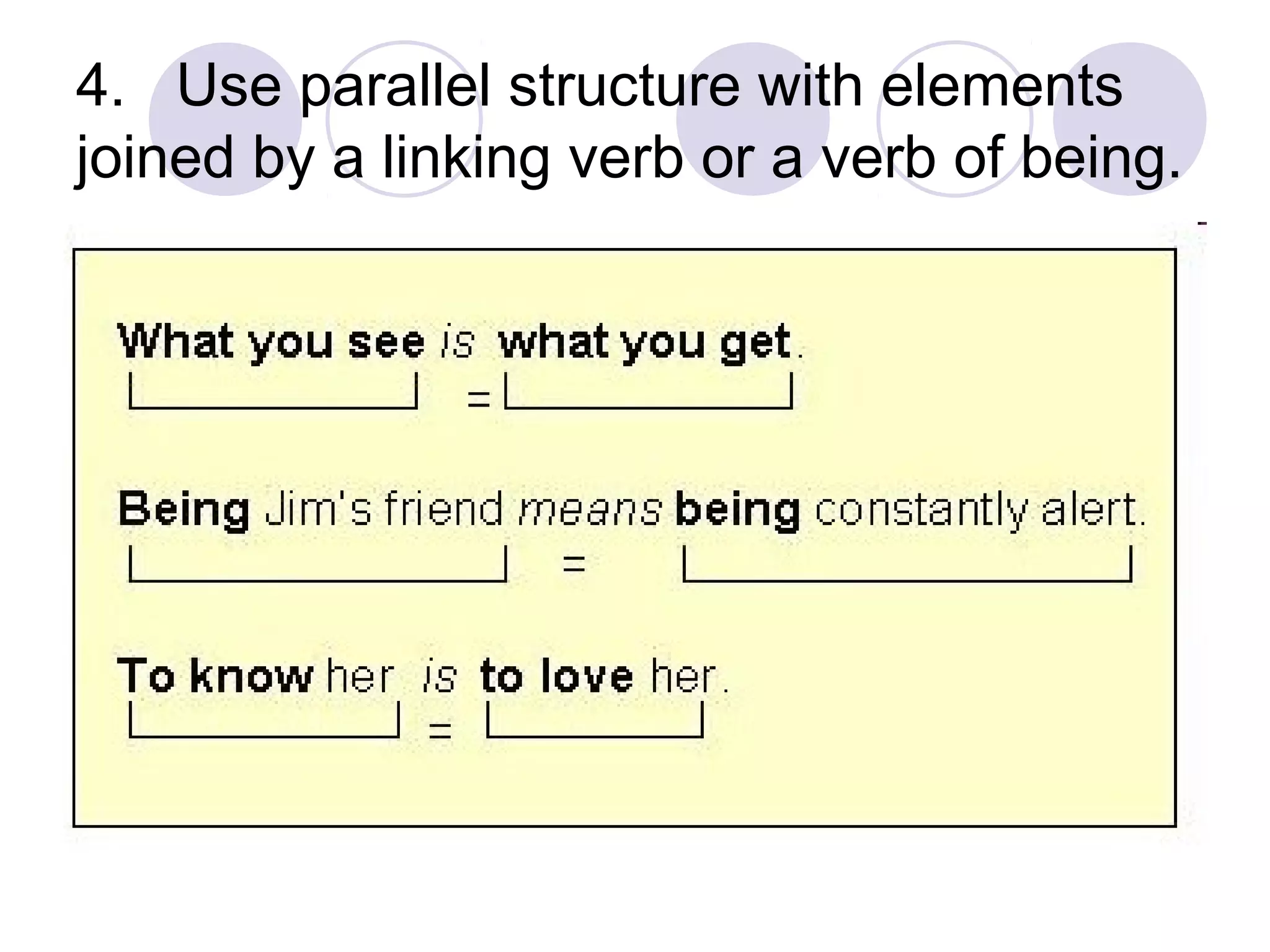 4. Use parallel structure with elements
joined by a linking verb or a verb of being.
 