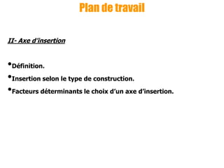 Plan de travail
II- Axe d’insertion
•Définition.
•Insertion selon le type de construction.
•Facteurs déterminants le choix d’un axe d’insertion.
 