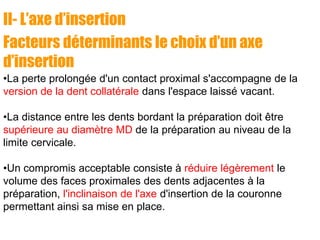 II- L’axe d’insertion
Facteurs déterminants le choix d’un axe
d’insertion
•La perte prolongée d'un contact proximal s'accompagne de la
version de la dent collatérale dans l'espace laissé vacant.
•La distance entre les dents bordant la préparation doit être
supérieure au diamètre MD de la préparation au niveau de la
limite cervicale.
•Un compromis acceptable consiste à réduire légèrement le
volume des faces proximales des dents adjacentes à la
préparation, l'inclinaison de l'axe d'insertion de la couronne
permettant ainsi sa mise en place.
 