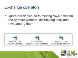 Exchange operators

 Operators dedicated to moving rows between
  one or more workers, distributing individual
  rows amo...