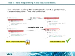 2 s Parallel RunTime
>1700 s Parallel RunTime
Serial RunTime: 14 s
Tips & Tricks: Programming hints(loop paralelization)
• Try to parallelize the "outer" loop: If the "outer" loop has few elements (3 spatial dimensions,
a reduced number of orbitals...), invert the loop nesting order...
 