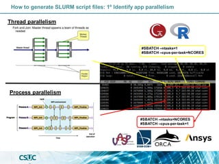 How to generate SLURM script files: 1º Identify app parallelism
Thread parallelism
Process parallelism
#SBATCH --ntasks=1
#SBATCH --cpus-per-task=NCORES
#SBATCH --ntasks=NCORES
#SBATCH --cpus-per-task=1
 