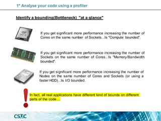 Identify a bounding(Bottleneck) "at a glance"
In fact, all real applications have different kind of bounds on different
parts of the code....
If you get significant more performance increasing the number of
Cores on the same number of Sockets...Is "Compute bounded".
If you get significant more performance increasing the number of
Sockets on the same number of Cores...Is "Memory/Bandwidth
bounded".
If you get significant more performance increasing the number of
Nodes on the same number of Cores and Sockets (or using a
faster HDD)...Is I/O bounded.
1º Analyse your code using a profiler
 
