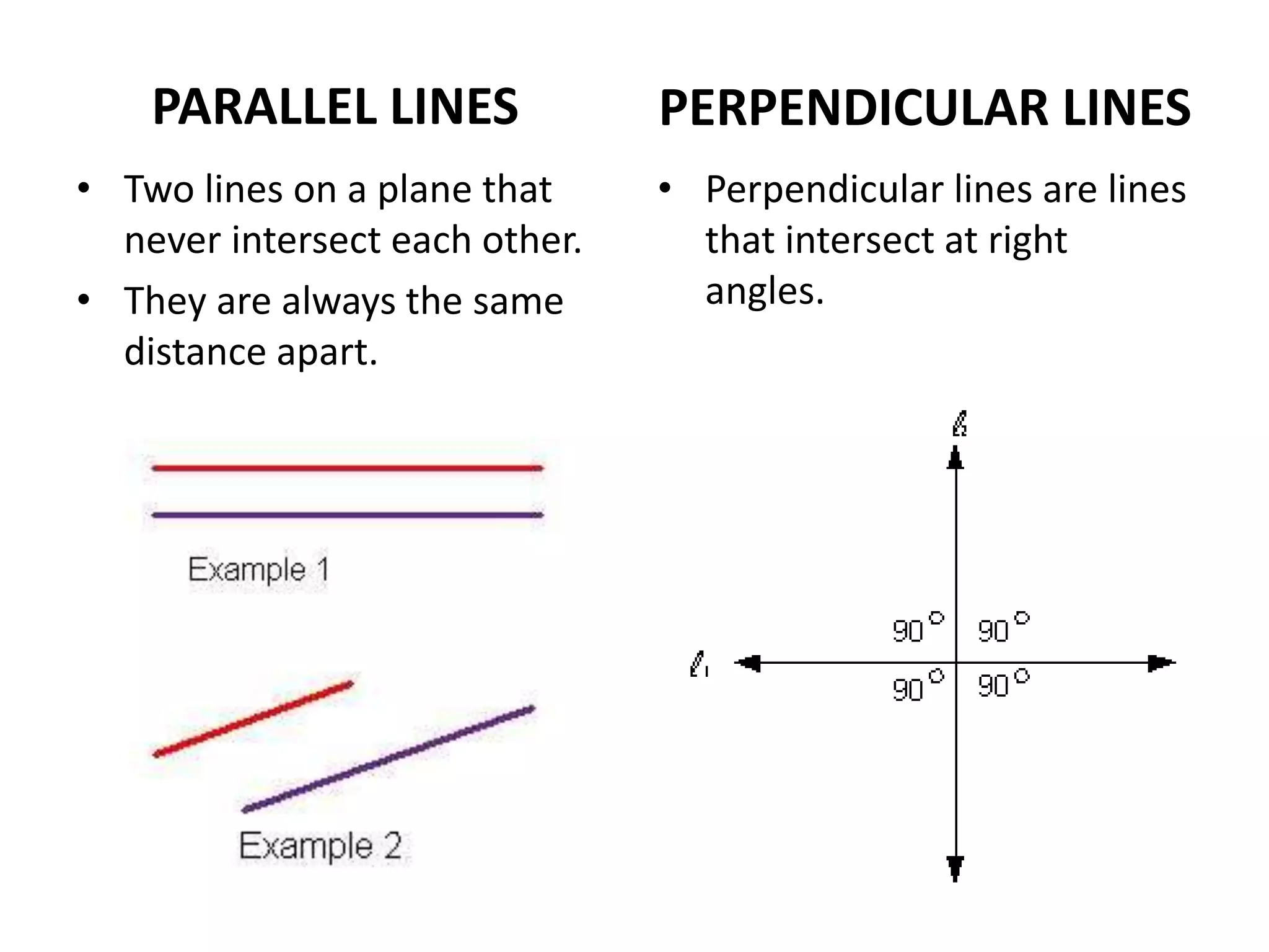 PARALLEL LINES
• Two lines on a plane that
never intersect each other.
• They are always the same
distance apart.
PERPENDICULAR LINES
• Perpendicular lines are lines
that intersect at right
angles.