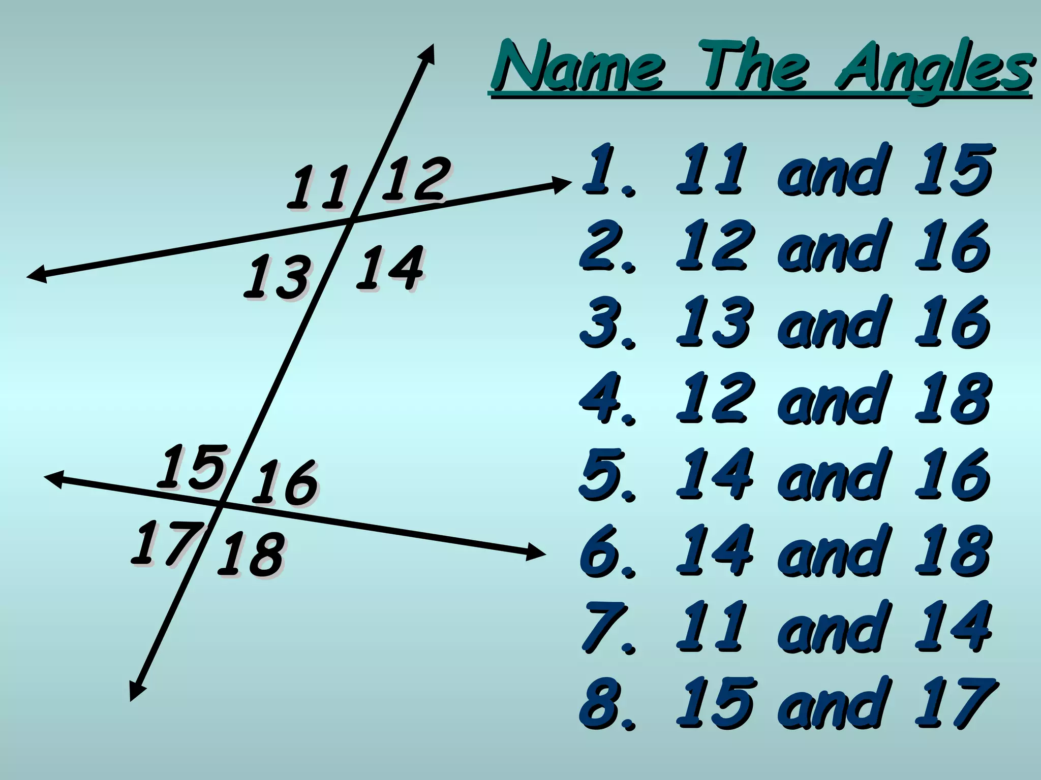 1111 1212
1313 1414
1515 1616
1717 1818
Name The AnglesName The Angles
1.1. 11 and 1511 and 15
2.2. 12 and 1612 and 16
3.3. 13 and 1613 and 16
4.4. 12 and 1812 and 18
5.5. 14 and 1614 and 16
6.6. 14 and 1814 and 18
7.7. 11 and 1411 and 14
8.8. 15 and 1715 and 17
 