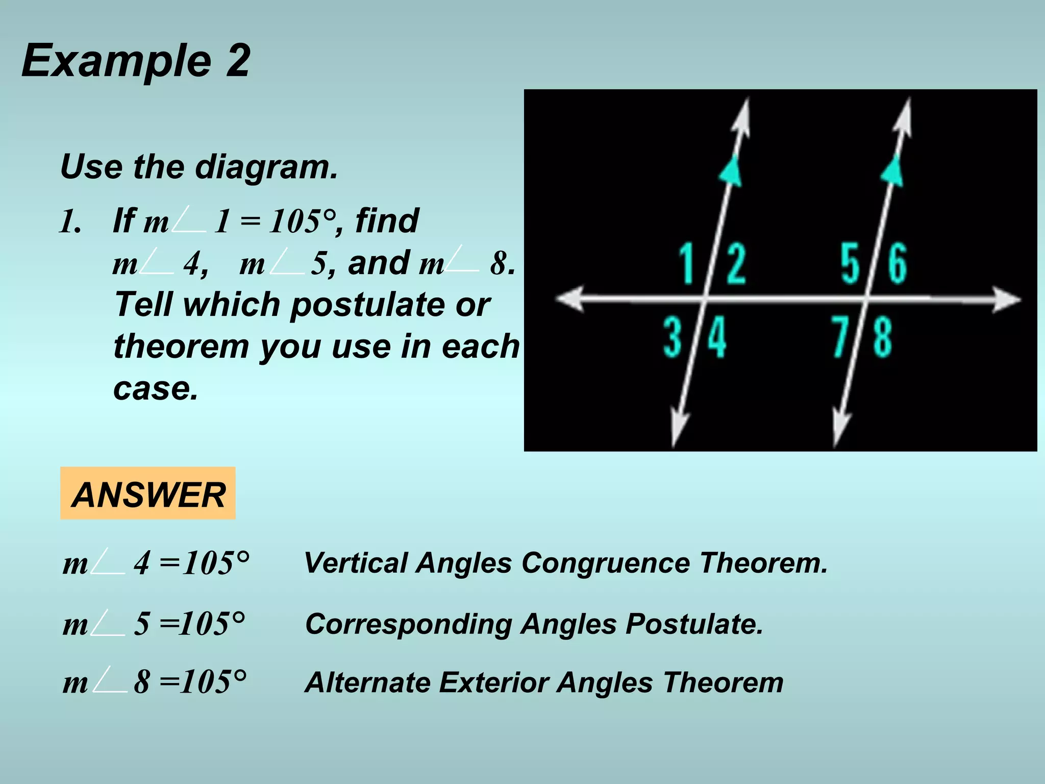 Example 2
Use the diagram.
1. If m 1 = 105°, find
m 4, m 5, and m 8.
Tell which postulate or
theorem you use in each
case.
Vertical Angles Congruence Theorem.
Corresponding Angles Postulate.m 5 =105°
Alternate Exterior Angles Theoremm 8 =105°
m 4 =105°
ANSWER
 