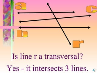 r Is line r a transversal?  b a c Yes - it intersects 3 lines.  
